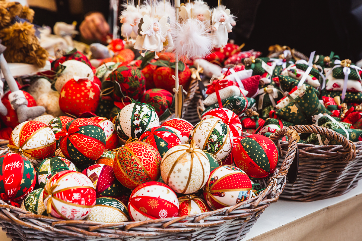Festive baskets with colorful Christmas ornaments.
